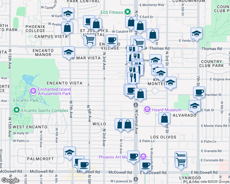 map of restaurants, bars, coffee shops, grocery stores, and more near 57 West Wilshire Drive in Phoenix