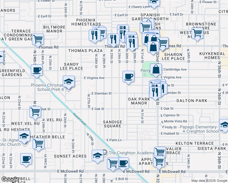 map of restaurants, bars, coffee shops, grocery stores, and more near 2516 North 29th Place in Phoenix