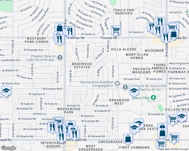 map of restaurants, bars, coffee shops, grocery stores, and more near 2515 North 48th Lane in Phoenix