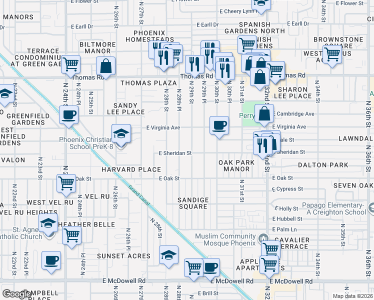 map of restaurants, bars, coffee shops, grocery stores, and more near 2516 North 29th Street in Phoenix