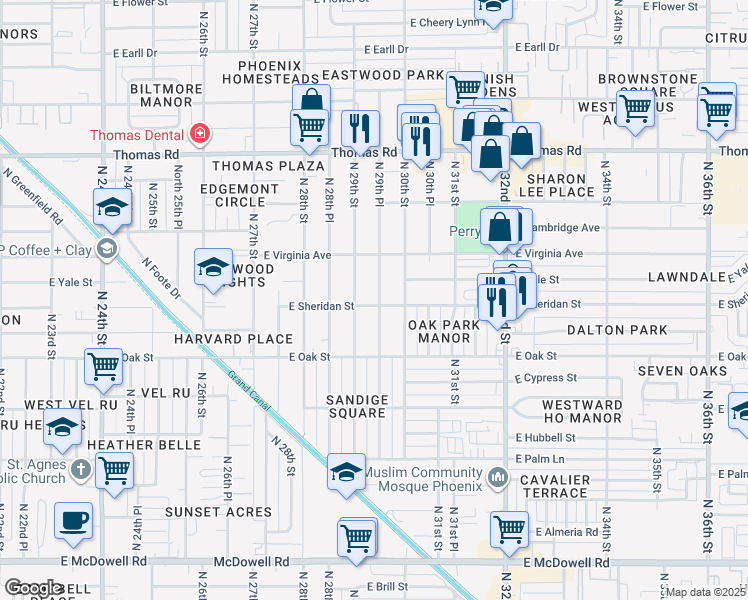 map of restaurants, bars, coffee shops, grocery stores, and more near 2516 North 29th Place in Phoenix