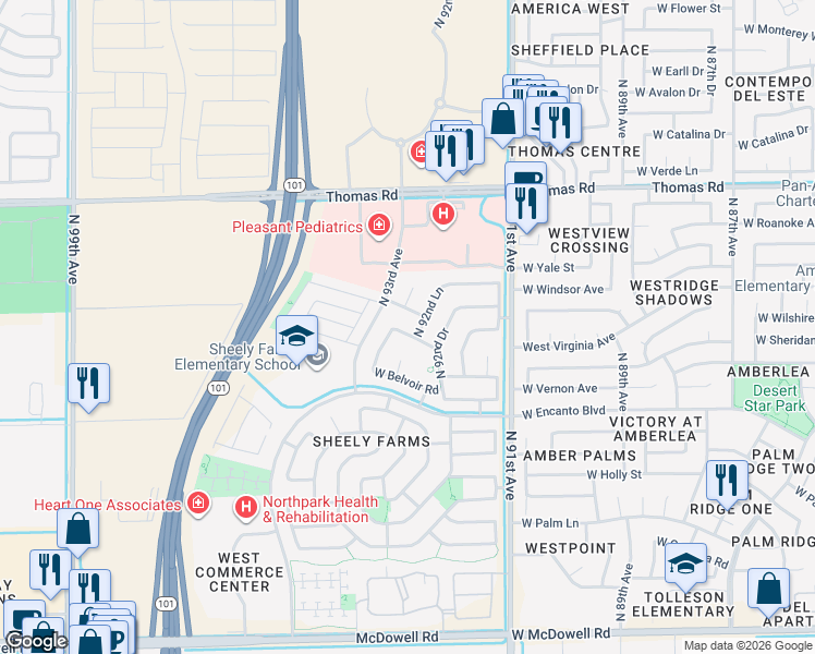 map of restaurants, bars, coffee shops, grocery stores, and more near 9278 West Sheridan Street in Phoenix