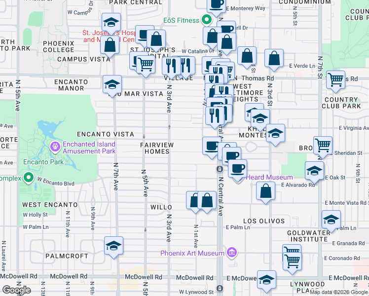 map of restaurants, bars, coffee shops, grocery stores, and more near 57 West Wilshire Drive in Phoenix