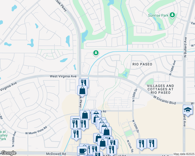 map of restaurants, bars, coffee shops, grocery stores, and more near 15341 West Windsor Avenue in Goodyear