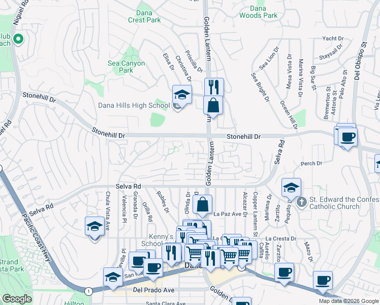 map of restaurants, bars, coffee shops, grocery stores, and more near 33555 Sea Gull Court in Dana Point
