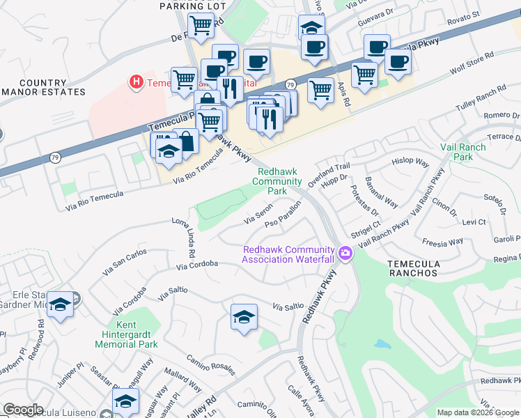 map of restaurants, bars, coffee shops, grocery stores, and more near 32100 Via Seron in Temecula