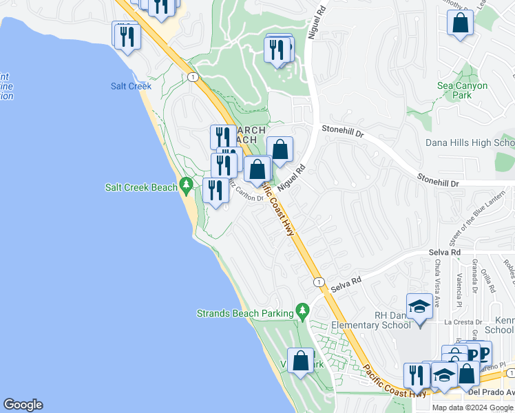 map of restaurants, bars, coffee shops, grocery stores, and more near 23611 Verrazanno Bay in Dana Point
