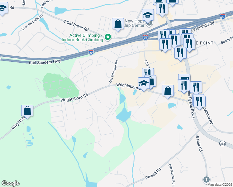 map of restaurants, bars, coffee shops, grocery stores, and more near 501 Scenic Drive in Grovetown