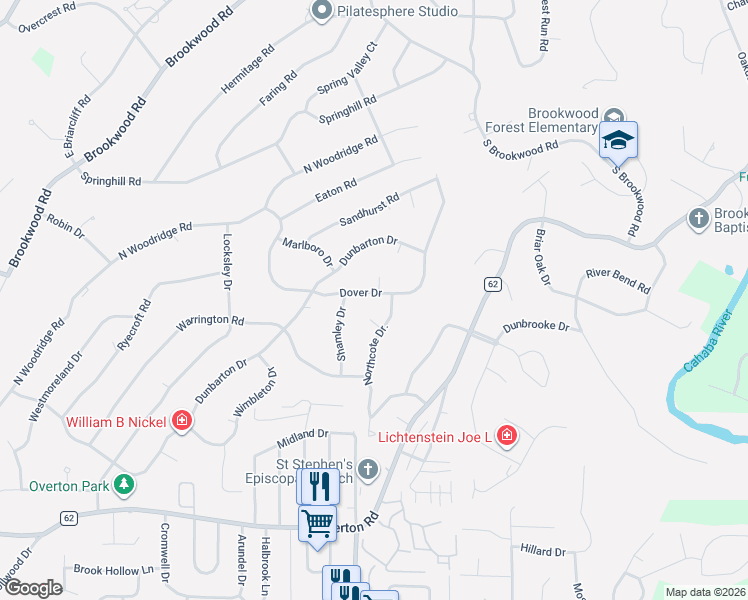map of restaurants, bars, coffee shops, grocery stores, and more near 3729 Dover Drive in Birmingham