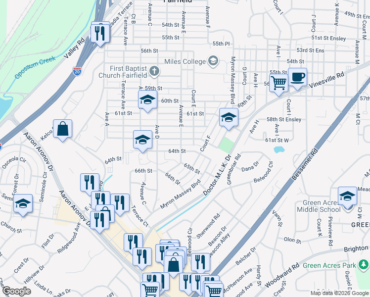map of restaurants, bars, coffee shops, grocery stores, and more near 6310 Avenue East in Fairfield