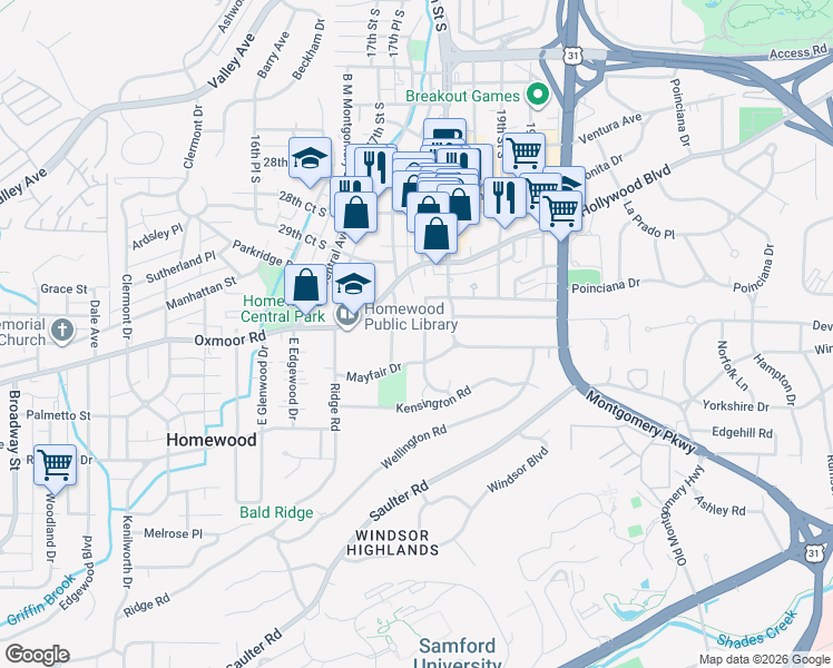map of restaurants, bars, coffee shops, grocery stores, and more near 3108 Whitehall Road in Birmingham