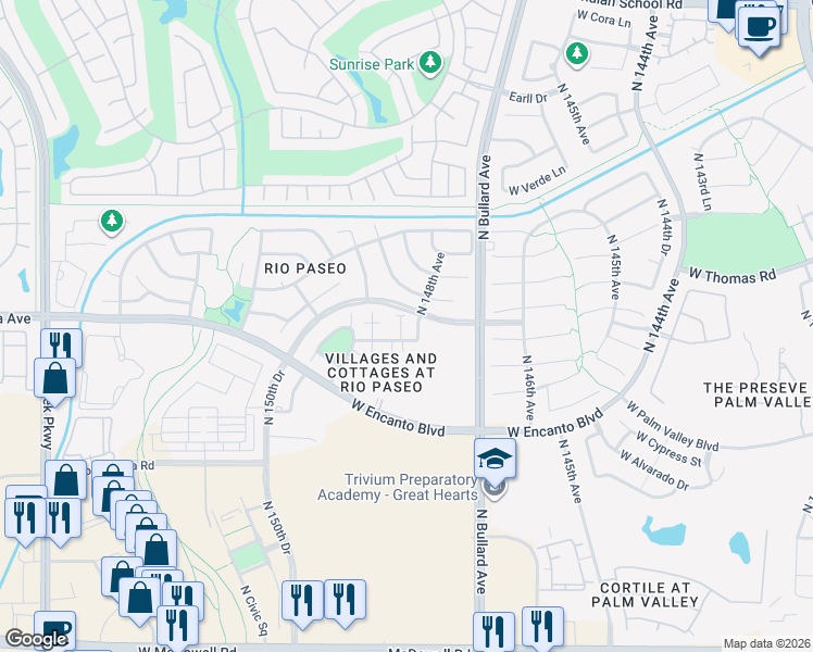 map of restaurants, bars, coffee shops, grocery stores, and more near 2540 North 148th Drive in Goodyear