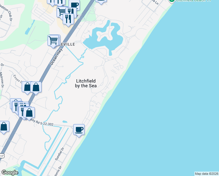 map of restaurants, bars, coffee shops, grocery stores, and more near 145 South Dunes Drive in Pawleys Island