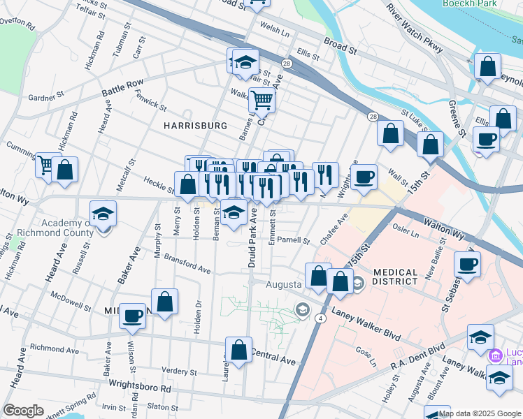 map of restaurants, bars, coffee shops, grocery stores, and more near 1712 Walton Way in Augusta