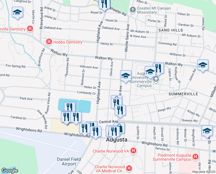 map of restaurants, bars, coffee shops, grocery stores, and more near 1231 Glenn Avenue in Augusta