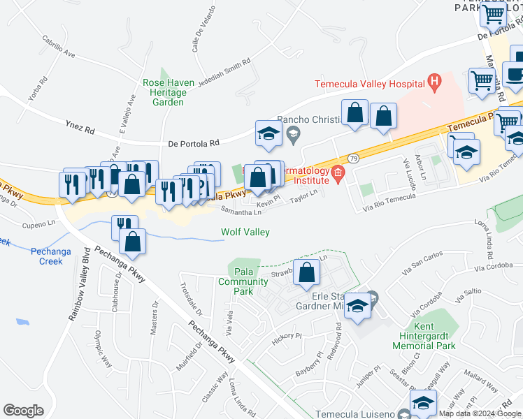 map of restaurants, bars, coffee shops, grocery stores, and more near 31058 Samantha Lane in Temecula