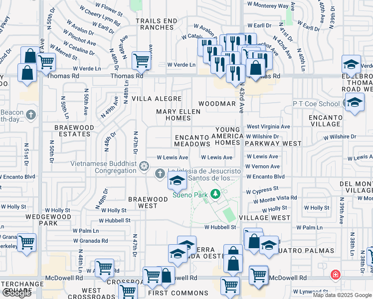 map of restaurants, bars, coffee shops, grocery stores, and more near 2520 North 45th Avenue in Phoenix