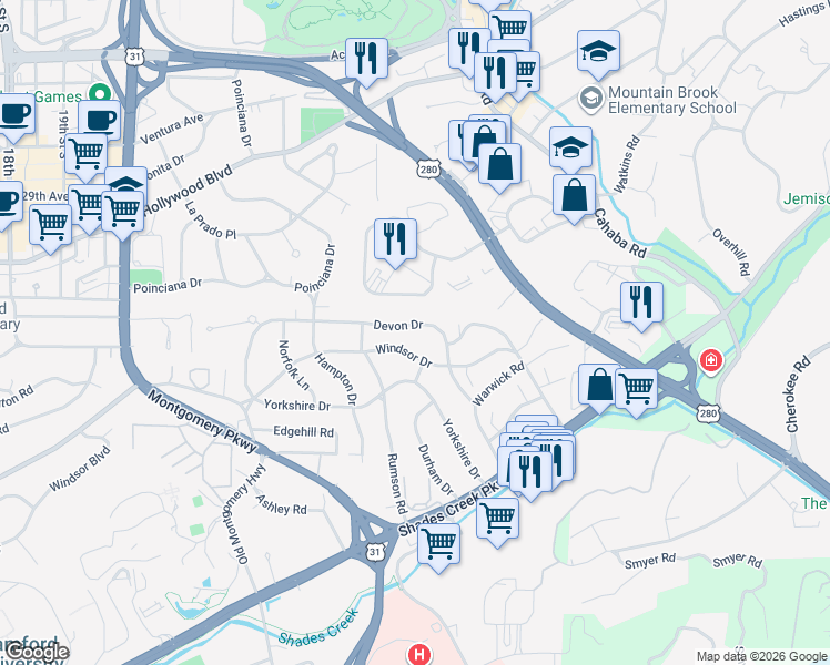 map of restaurants, bars, coffee shops, grocery stores, and more near 418 Devon Drive in Birmingham