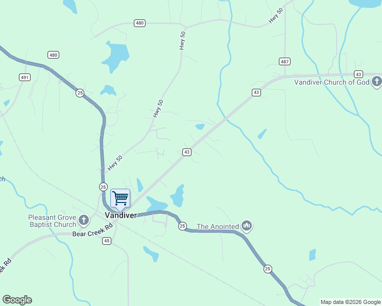 map of restaurants, bars, coffee shops, grocery stores, and more near 12400 County Road 43 in Vandiver