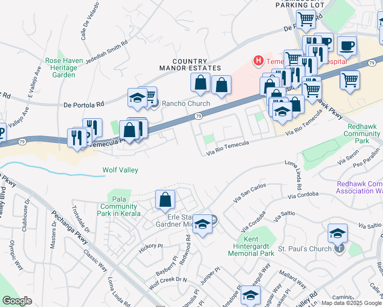 map of restaurants, bars, coffee shops, grocery stores, and more near 44651 Avenida De Missiones in Temecula