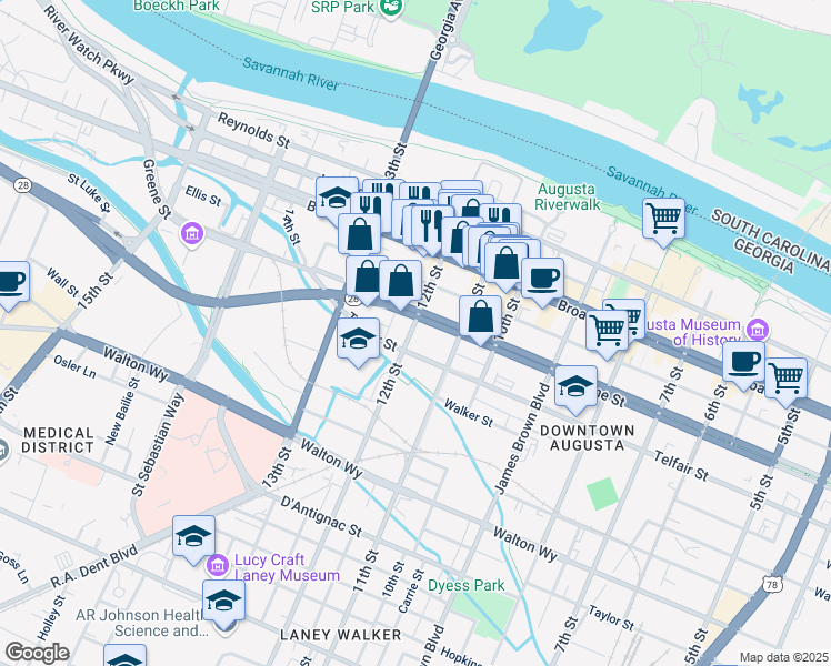 map of restaurants, bars, coffee shops, grocery stores, and more near 1142 Greene Street in Augusta