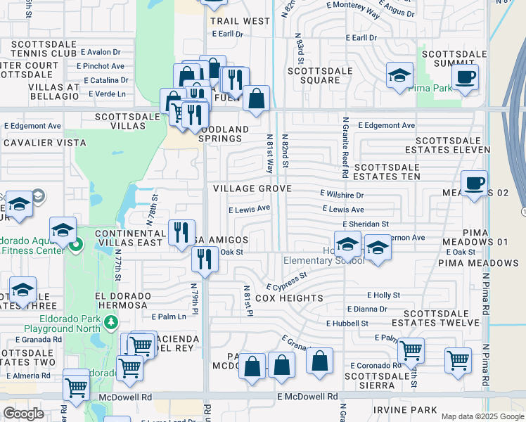 map of restaurants, bars, coffee shops, grocery stores, and more near 8102 East Lewis Avenue in Scottsdale