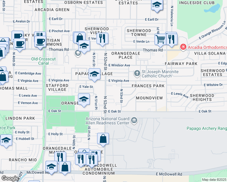 map of restaurants, bars, coffee shops, grocery stores, and more near 2525 North 52nd Street in Phoenix