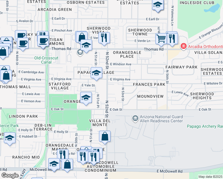 map of restaurants, bars, coffee shops, grocery stores, and more near 2525 North 52nd Street in Phoenix
