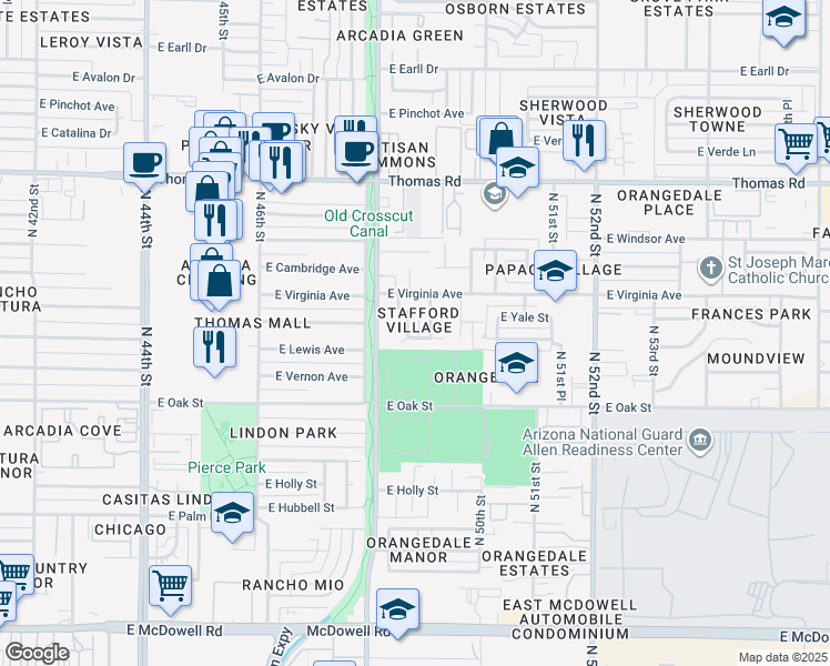 map of restaurants, bars, coffee shops, grocery stores, and more near 2523 North 48th Place in Phoenix