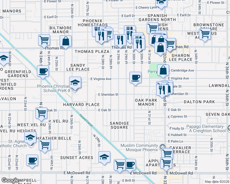 map of restaurants, bars, coffee shops, grocery stores, and more near 2516 North 29th Street in Phoenix