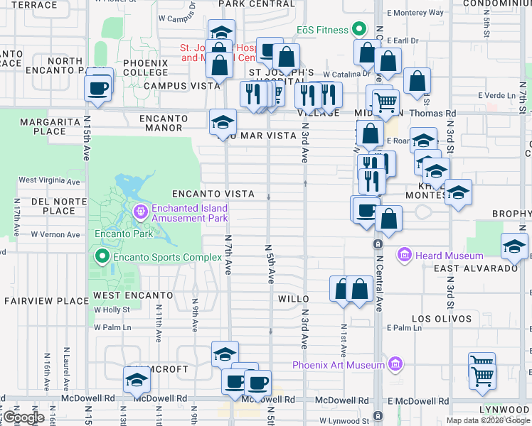 map of restaurants, bars, coffee shops, grocery stores, and more near 337 West Wilshire Drive in Phoenix