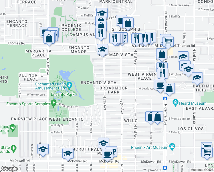 map of restaurants, bars, coffee shops, grocery stores, and more near 701 West Wilshire Drive in Phoenix