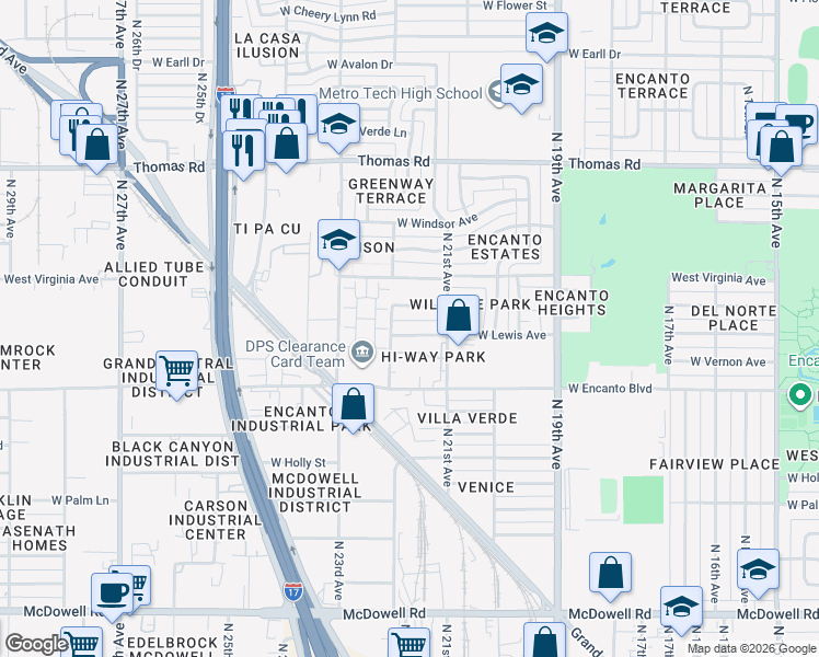 map of restaurants, bars, coffee shops, grocery stores, and more near 2133 West Wilshire Drive in Phoenix