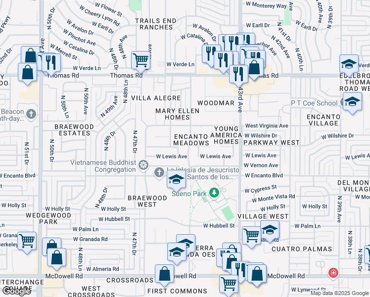 map of restaurants, bars, coffee shops, grocery stores, and more near 2520 North 45th Avenue in Phoenix