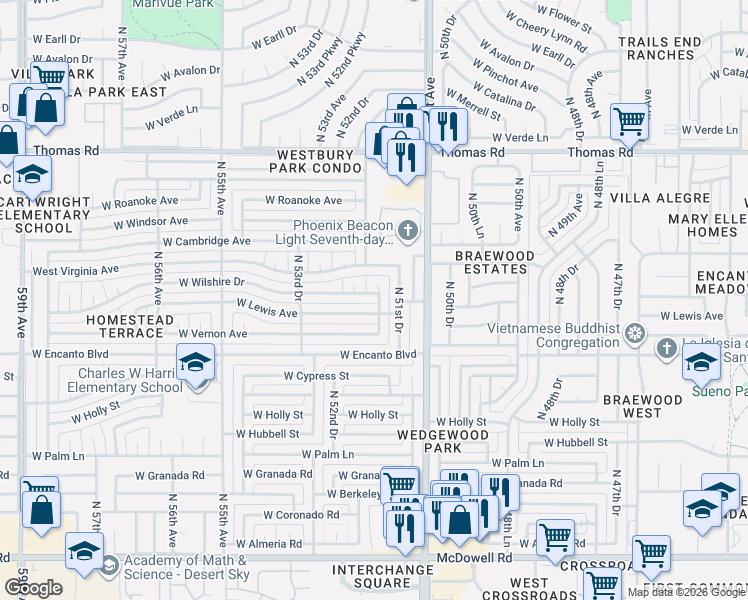 map of restaurants, bars, coffee shops, grocery stores, and more near 2512 North 51st Lane in Phoenix
