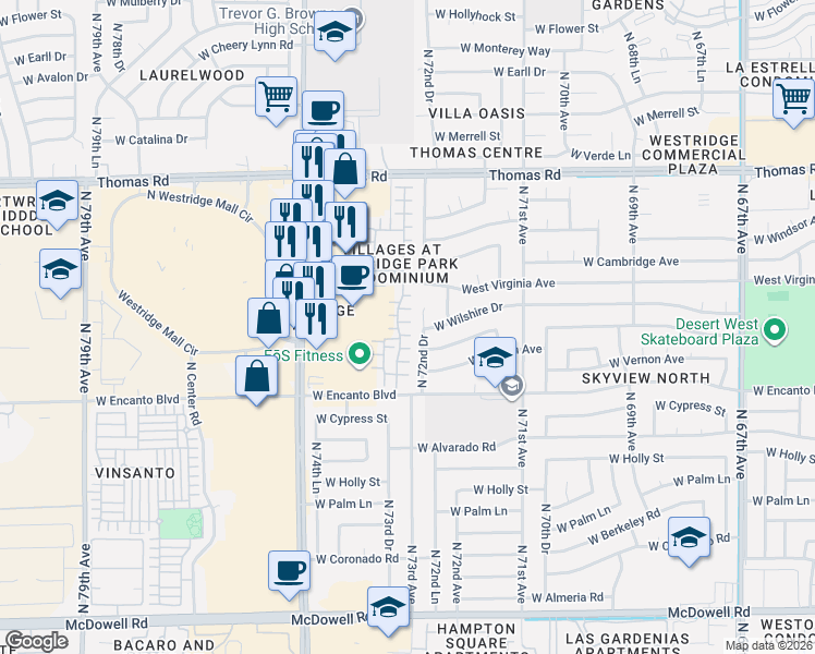 map of restaurants, bars, coffee shops, grocery stores, and more near 2515 North 73rd Drive in Phoenix