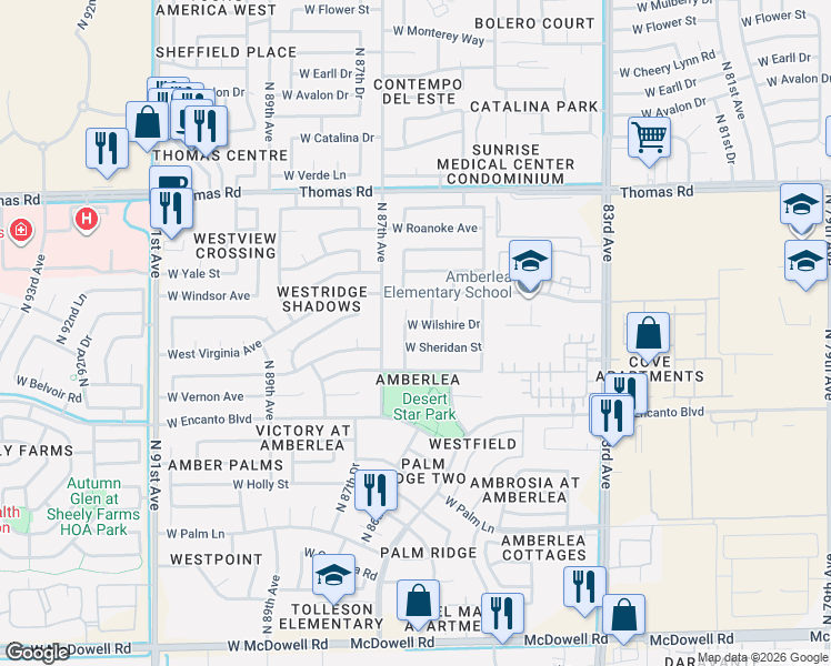 map of restaurants, bars, coffee shops, grocery stores, and more near 2534 North 86th Avenue in Phoenix