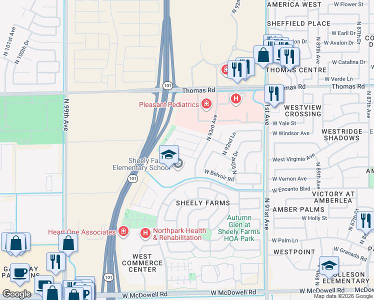 map of restaurants, bars, coffee shops, grocery stores, and more near 9413 West Jamestown Road in Phoenix