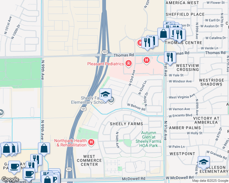 map of restaurants, bars, coffee shops, grocery stores, and more near 9441 West Wilshire Avenue in Phoenix