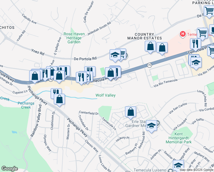 map of restaurants, bars, coffee shops, grocery stores, and more near 31058 Samantha Lane in Temecula