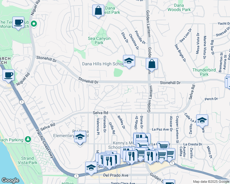 map of restaurants, bars, coffee shops, grocery stores, and more near 24541 Alta Vista Drive in Dana Point