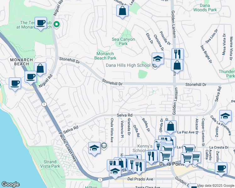map of restaurants, bars, coffee shops, grocery stores, and more near 24098 Paseo Corona in Dana Point