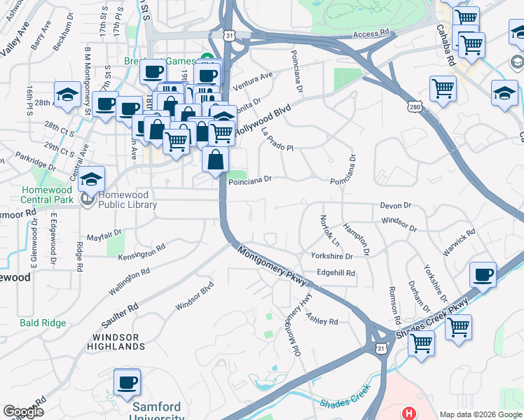 map of restaurants, bars, coffee shops, grocery stores, and more near 2036 Lancaster Road in Homewood