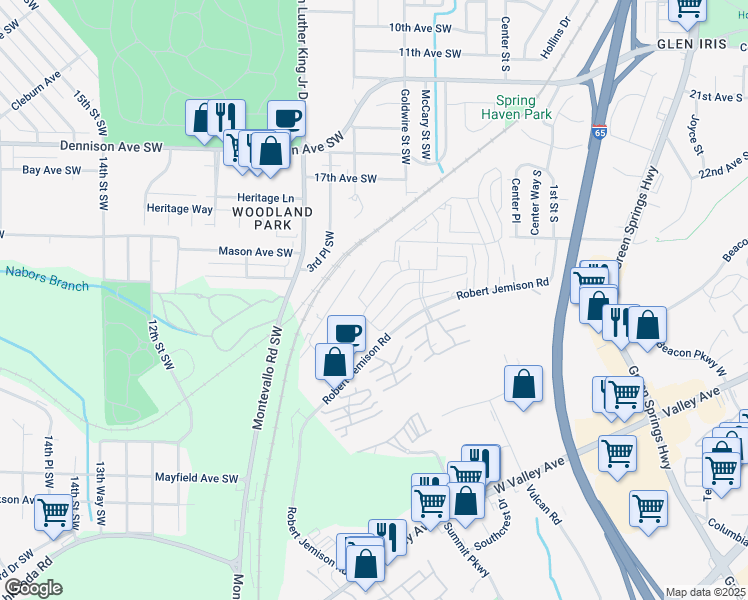 map of restaurants, bars, coffee shops, grocery stores, and more near 1300 Aspen Drive in Birmingham