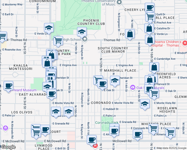 map of restaurants, bars, coffee shops, grocery stores, and more near 2518 North Mitchell Street in Phoenix