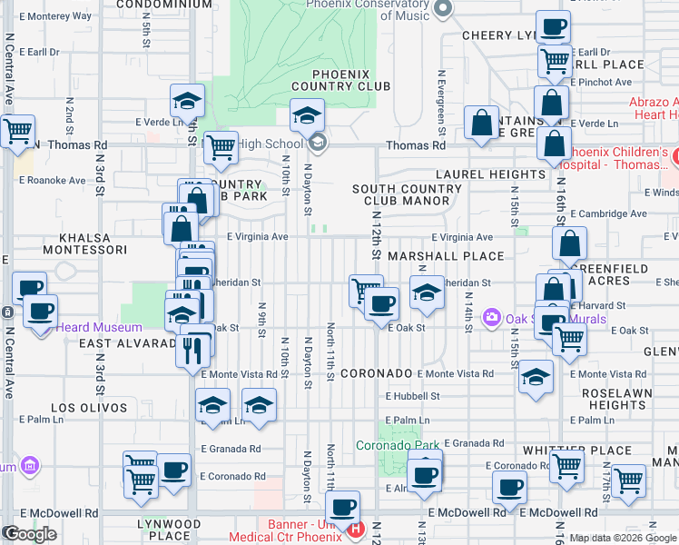 map of restaurants, bars, coffee shops, grocery stores, and more near 2518 North Mitchell Street in Phoenix