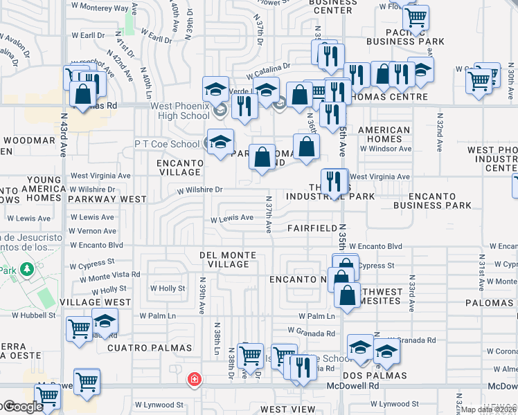 map of restaurants, bars, coffee shops, grocery stores, and more near 3724 West Sheridan Street in Phoenix