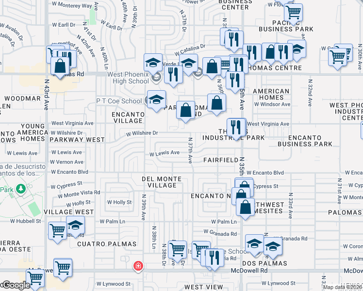 map of restaurants, bars, coffee shops, grocery stores, and more near 3724 West Sheridan Street in Phoenix