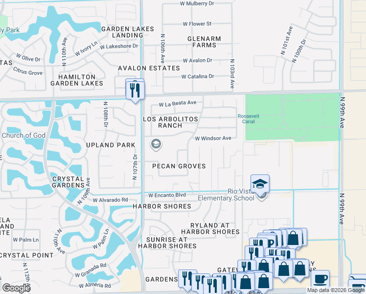 map of restaurants, bars, coffee shops, grocery stores, and more near 10609 West Windsor Avenue in Avondale
