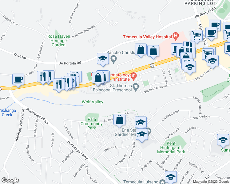 map of restaurants, bars, coffee shops, grocery stores, and more near 31283 Taylor Lane in Temecula